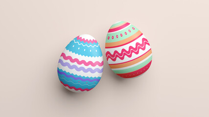 Happy Easter background. Two colorful decorated eggs in 3D rendering. Different pattern, texture and color. Isolated easter egg for spring holiday illustration