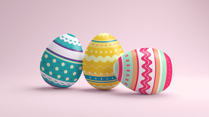 Happy Easter background. Set of three colorful decorated eggs in 3D rendering. Different pattern, texture and color. Isolated easter egg for spring holiday illustration