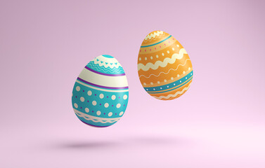 Happy Easter background. Two floating colorful decorated eggs in 3D rendering. Different pattern, texture and color. Isolated easter egg for spring holiday illustration