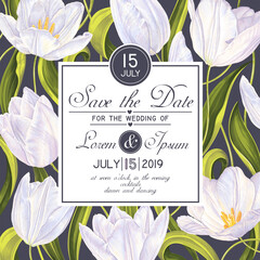 Save the date card template with realistic vector tulips. Highly detailed hand-drawn spring white flowers, light green leaves on dark background. Banner for social networks, posts, invitation card