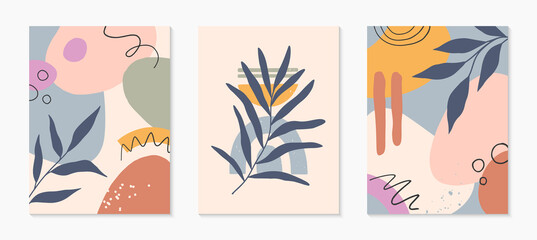 Fototapeta na wymiar Set of mid century modern abstract vector illustrations with organic shapes and plants.Minimalistic art prints.Trendy designs perfect for banners templates;social media,invitations;branding,covers