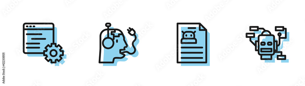 Poster set line technical specification, computer api interface, robot charging battery and icon. vector