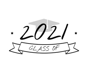 Class of 2021 with Graduation Cap. Template for graduation design, party. Flat illustration on transparent background.