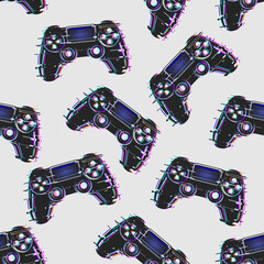 Game controller, gamepad with sticks and buttons, game controller seamless background. With a digital effect. With an interference effect.