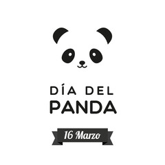 Panda Day. March 16. Spanish. Dia del Panda. 16 Marzo. Bear panda face icon. Black and white. Vector illustration, flat design