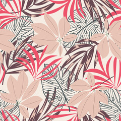 Bright tropical seamless pattern with trendy tropical plants and leaves on beige background. Trendy summer Hawaii print. Summer colorful hawaiian seamless pattern with tropical plants.