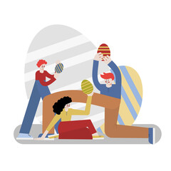 a group of friends is celebrating Easter. Vector illustration in cartoon flat style. For web pages, smm and mobile applications.