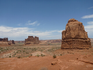 Scenic view of the red rock sandstone formations at Arches National Park in Utah
