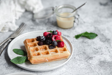 Belgian waffles with berries on a light plate.Breakfast