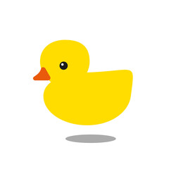 Yellow rubber duck with orange beak and shadow isolated on white background