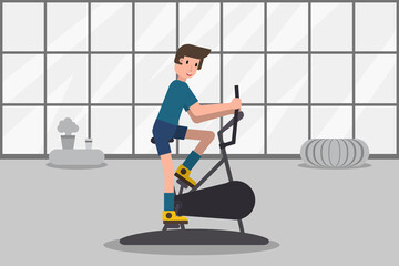 Man training fitness on exercise bike. Active sport people in gym. Health lifestyle concept. Stock vector illustration