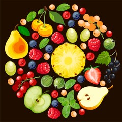 Mix of berries, pineapple, pears and apples on a black background