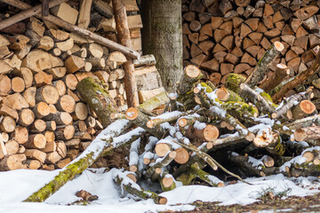 Structure or pile composed of blocks, pieces or logs of wood in winter or spring with snow. The art of stacking wood for drying and storage