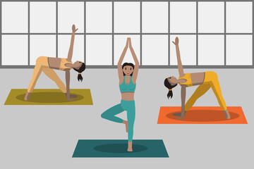 sporty women doing fitness exercises on yoga mat. girls training in gym. workout healthy lifestyle concept. flat modern