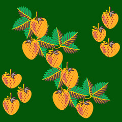 Strawberries, fruits and leaves pattern.