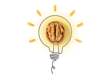 Light bulb drawing with open walnut - Concept of walnut and brain