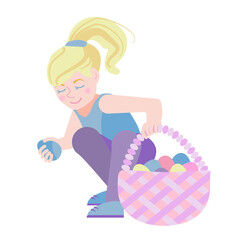 Easter characters. Cute little blonde girl collects Easter eggs in a basket. The girl is looking for holiday eggs. Vector illustration in a flat cartoon style is isolated on a white background.