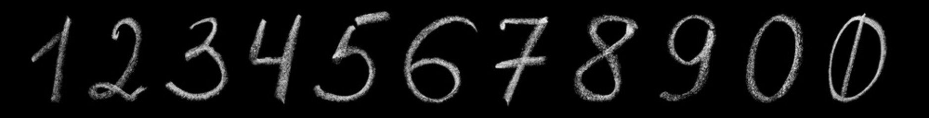 Hand drawn numbers 0, 1, 2, 3, 4, 5, 6, 7, 8, 9 in chalk on a blackboard isolated on black...