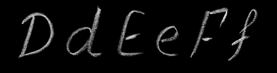 Uppercase and lowercase letters D, E, F of the English alphabet written by hand in chalk on a...