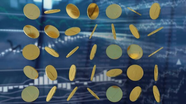 Gold coins rotating on blurred stock exchange background