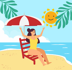 Obraz na płótnie Canvas Girl on beach with deck chair Summer