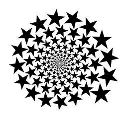 Spiral vector pattern of stars on a white background. Isolated pattern. Black and white, monochrome