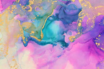 art photography of abstract fluid art painting with alcohol ink, blue, pink, purple and gold colors