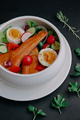 Delicious smoked fish fillet prepared in various ways and arranged on different plates with tasty healthy burger and salad meals