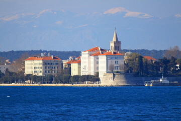 Fototapeta premium Zadar, touristic destination in Croatia, panoramic view from the Adriatic sea, Velebit mountain in background