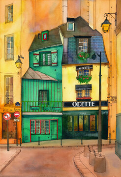 Odette cafe in Paris, watercolor architecture painting
