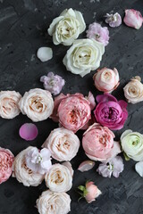 Rose buds of different pink shades on a gray background. Place for  text. Floral decor. View from above.