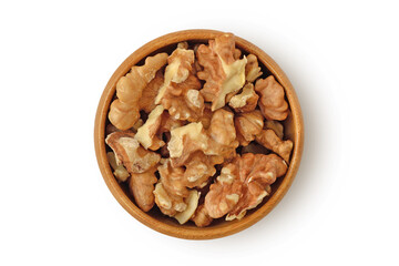 Walnuts in wooden bowl on white background
