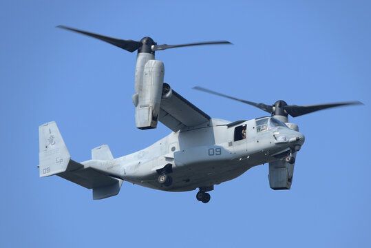 Kanagawa, Japan - July 15, 2014:United States Marines Bell Boeing MV-22B Osprey tiltrotor military transport aircraft from VMM-265 'Dragons'.