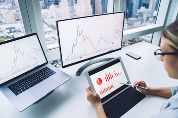 Crop trader analyzing statistics on tablet near computers at work