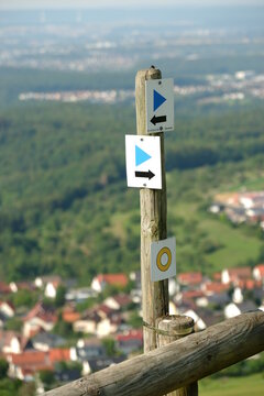 Signposts of the Schw&auml;bischer Albverein (SAV) on the Jusiberg (Jusi)