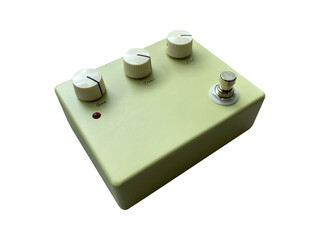 Isolated Vintage cream overdrive and white knob stompbox electric guitar effect on white background...