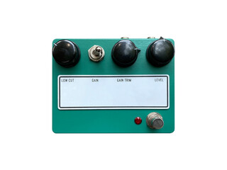 Isolated Green overdrive and black knob pre-amplifier stompbox electric guitar effect on white...