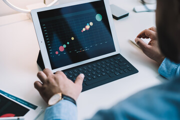 Faceless trader analyzing bitcoin statistics