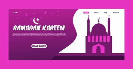 Naklejka premium Ramadan Kareem greeting concept with Mosque and stars for web landing page template, banner, presentation, social, and print media. islamic eid fitr or adha flat design vector illustration.