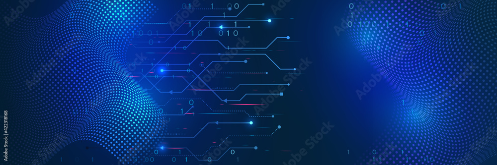 Poster Digital poster templates. Technology or science design. Vector banner design with waves and circuit board abstract background. High tech design concept. Futuristic business layout.