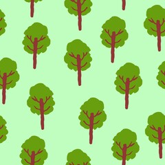 Vector seamless pattern with green deciduous trees. Brown trunk. Green background. Cartoon style. Spring and summer. Nature and ecology. Post cards, wallpaper, wrapping paper, scrapbooking, textile