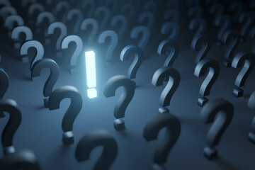 A blue glowing exclamation mark in the middle of question marks. 3D rendering.