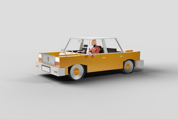 Crash test dummy driving a yellow stylized toy car. 3D rendering.