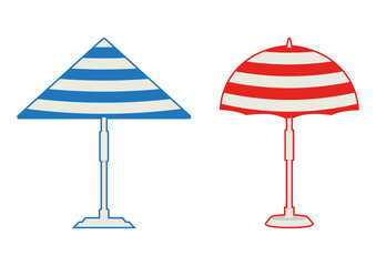Beach Umbrella. Isometric parasol. Beach or pool umbrella in red and blue color. The symbol of a holiday by the sea. Vector isolated