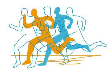 Running race, joggers, line art stylized.
Stylized  Illustration with stylized runners silhouettes,  continuous line drawing design. Vector available.