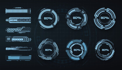 Futuristic Element Loading Bars. Download, loading  upload, timeline for game GUI, UI. Straight and circular loading scale isolated on a dark background. Vector illustration