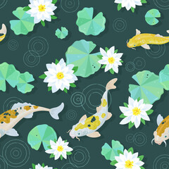 Fototapeta na wymiar Gold Japanese koi carps swim in the flowering pond during the rain. Seamless pattern on a Tidewater Green background. Trends color 2021. Vector illustration.