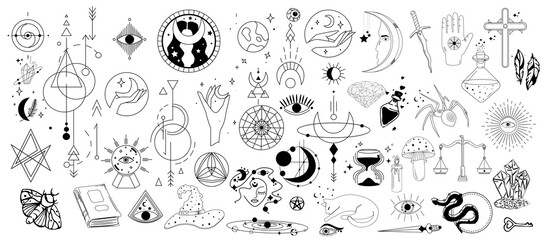 Boho Mystic Magic elements symbols. Doodle esoteric, boho mystical hand drawn elements isolated background. Perfect for posters, tattoo, textile, cards, mystery. Magic set. Vector illustration