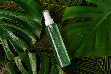 cosmetic bottle toner or micelar water with pipette standing on green table with palm leaves....