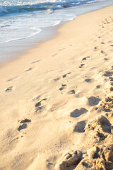 Fototapeta na wymiar Footprints in the sand of Es Trenc beach. Palma de Mallorca, Spain